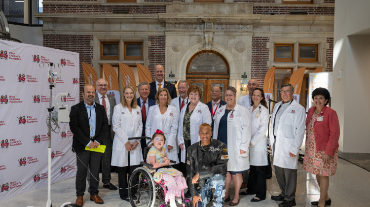 Representatives from Walther Cancer Foundation, Riley Children’s Foundation, Riley Children’s Health and Indiana University School of Medicine were joined by Riley families to celebrate the announcement. - Submitted