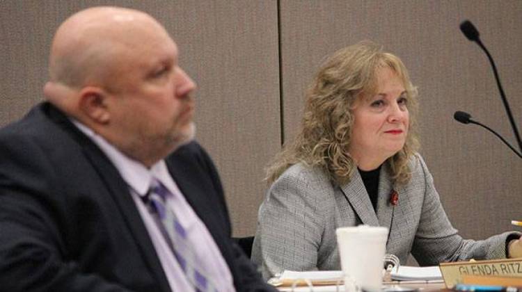 State Superintendent Glenda Ritz and fellow State Board of Education member Byron Ernest listen during December's meeting. - Rachel Morello/StateImpact Indiana