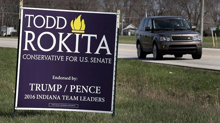 A sign promoting the campaign of GOP Senate candidate Todd Rokita is shown along a state highway in Brownsburg, Ind., Tuesday, April 17, 2018. - AP Photo/Michael Conroy