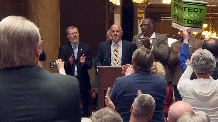 Ron Johnson, executive director of the Indiana Pastors Alliance, speaks during a rally at the Statehouse. - Brandon Smith