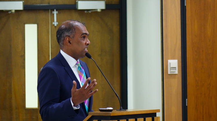 Matchbook Learning CEO Sajan George presents his school restart plan to the Indianapolis Public Schools Board on Jan. 25, 2018 at the John Morton Center. - Eric Weddle/WFYI Public Media