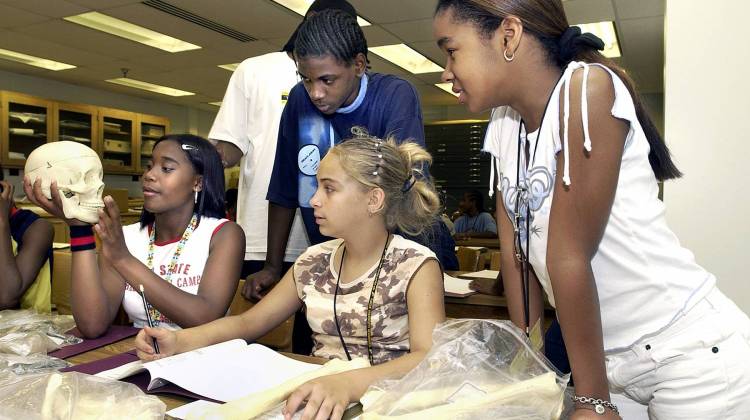 A group of Indianapolis Public Schools students takes part in one of the first Science Bound activities in 2005 on the Purdue University campus. - Purdue University Archive Photo