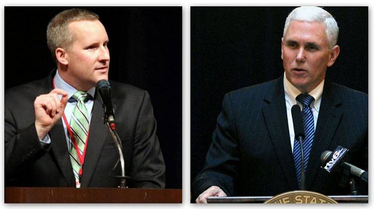 Indiana Democratic Chairman John Zody, left, and Republican Gov. Mike Pence