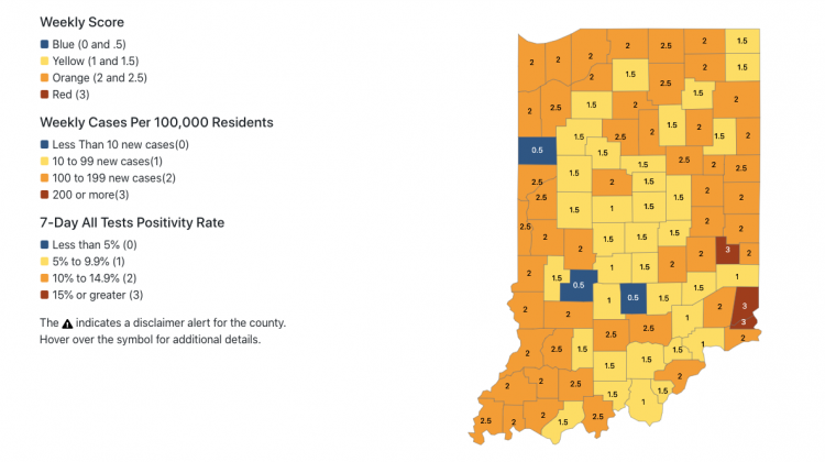 As this screenshot of the Indiana State Department of Health's COVID-19 dashboard shows, 53 of Indiana’s 92 counties were placed in orange or red levels under the agency’s color-coded weekly tracking map update. - Indiana State Department of Health