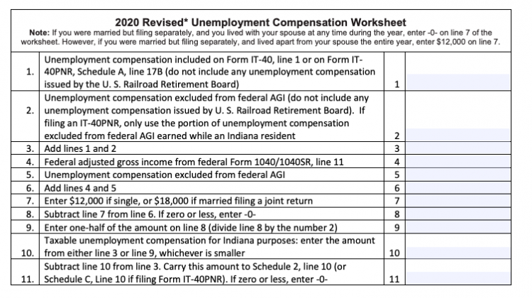 The Indiana Department of Revenue has created a new worksheet for Hoosiers with 2020 unemployment benefits to use.  - Screenshot in.gov/dor/