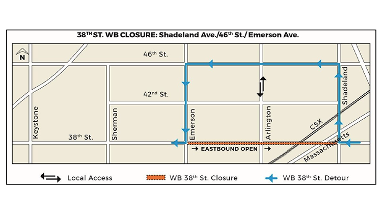 Purple Line construction Monday will begin a new 130-day closure along 38th Street between Emerson and Shadeland avenues for roadway and drainage improvements. - Provided by IndyGo
