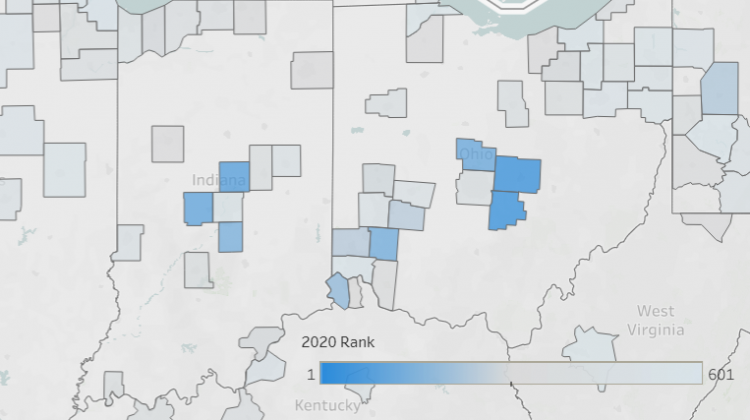 Hamilton and Hendricks counties – both donut counties encircling Indianapolis – ranked in the top 100 large counties across the country for their talent attraction success this year.  - Screenshot EMSI's 2020 talent attraction rankings