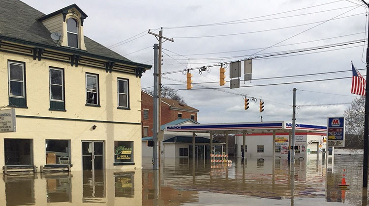 Flooding at the intersection of Indiana 56 and Third Street in Aurora, Indiana. - Courtesy Indiana Department of Homeland Security