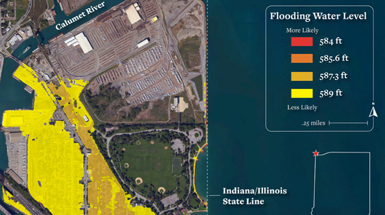 A map of the former State Line coal plant site in Hammond shows where the site is most vulnerable to flooding. - Courtesy of Environmental Law & Policy Center