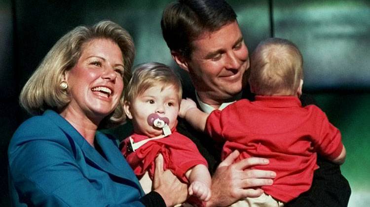 Susan and Evan Bayh hold their nine-month-old twin boys Birch IV and Nicholas after then Gov. Evan Bayh gave the keynote address at the 1996 Democratic National Convention in Chicago. - AP Photo/Michael S. Green