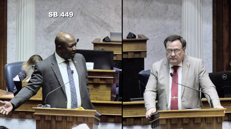 Sen. Greg Taylor (D-Indianapolis), left and Sen. Mike Young (R-Indianapolis) debate the juvenile sentencing bill on the Senate floor. - Courtesy of the Indiana General Assembly