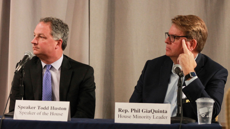 House Speaker Todd Huston (R-Fishers) and House Democratic Leader Phil GiaQuinta (D-Fort Wayne) unveiled their caucus's priorities at the start of the 2024 legislative session. - Brandon Smith/IPB News