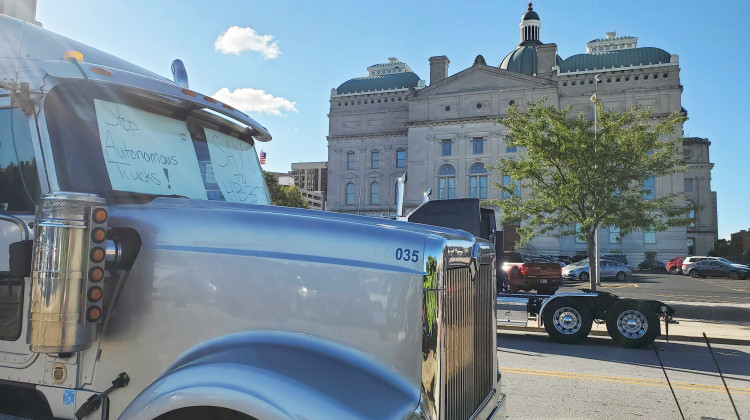 Commercial drivers parked trucks in front of the Statehouse to protest future autonomous vehicle legislation.  - Samantha Horton/IPB News