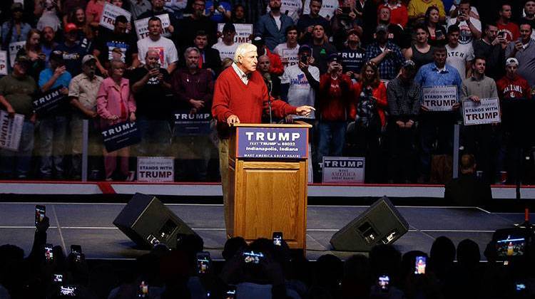 Former Indiana basketball coach Bob Knight speaks speaks during a campaign stop for Republican presidential candidate Donald Trump, Wednesday, April 27, 2016, in Indianapolis. - AP Photo/Darron Cummings