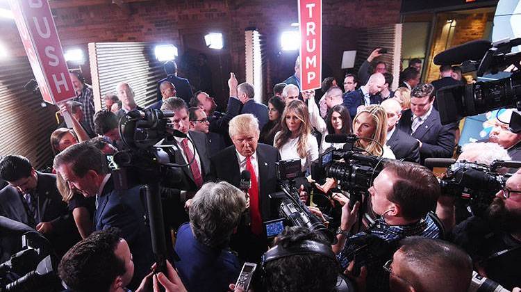 Donald Trump speaks to members of the media in the spin room after the Republican presidential debate Feb. 13, in Greenville, S.C. -  AP Photo/Rainier Ehrhardt