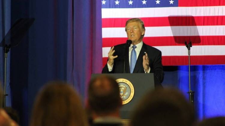 President Donald Trump rolls out tax reform details at a speech in Indianapolis.                      ) - Annie Ropeik/IPB News