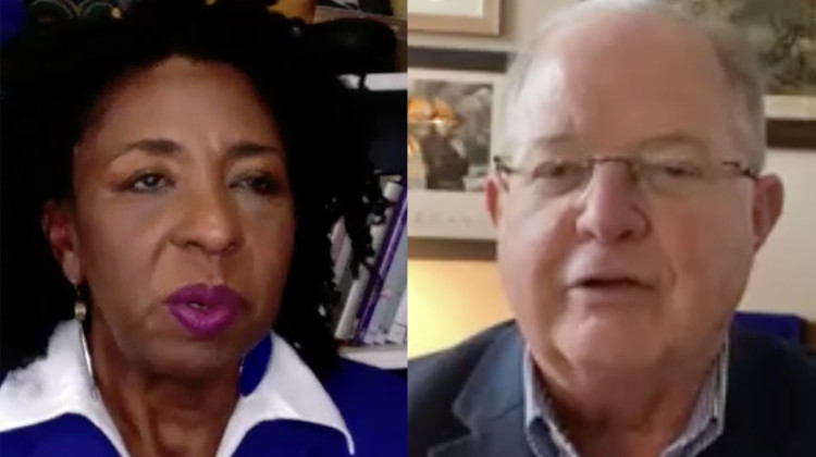 Dr. Valerie McCray, left, and Marc Carmichael, right, are the Democratic candidates for Indiana's 2024 U.S. Senate race. - Screenshots via Zoom