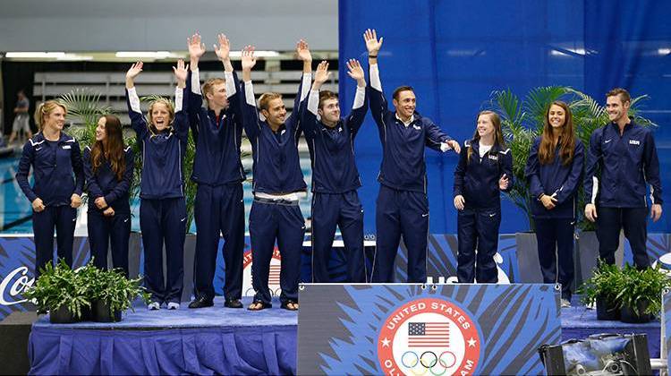 The U.S. Olympic diving team is presented at the U.S. Olympic diving trials Sunday, June 26, 2016, in Indianapolis.  - AP Photo/AJ Mast