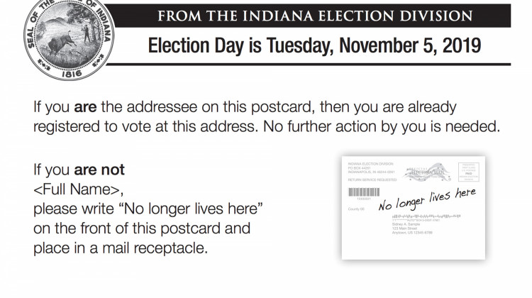 An example of the postcards sent to registered voters by the Secretary of State's office. These cards are part of the state's effort to purge voter rolls. - Courtesy Indiana Secretary of State