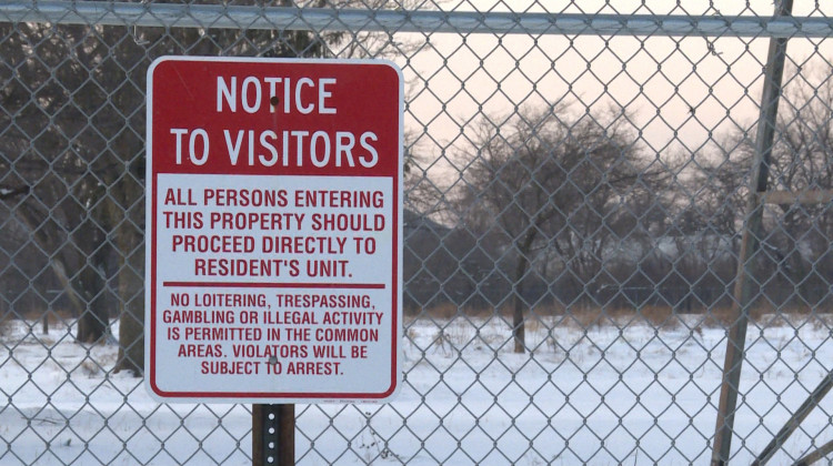 A sign outside the demolished West Calumet Housing Complex in late 2019.  - FILE PHOTO: Tyler Lake/WTIU