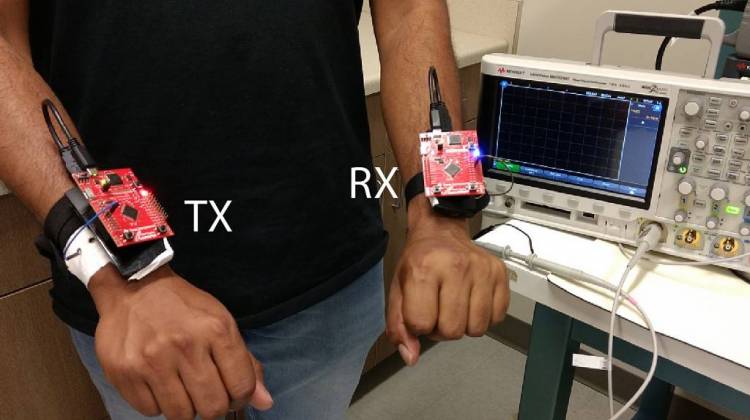 A researcher wears devices that allow for the exchange of information using the body to communicate instead of sending a signal through the airwaves that could be hacked. - Photo courtesy of Purdue University