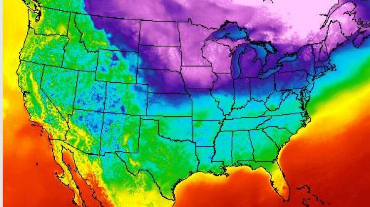 This map from the National Weather Service shows the cold temperatures, in purple and blue, that have settled across much of the U.S. - National Weather Service