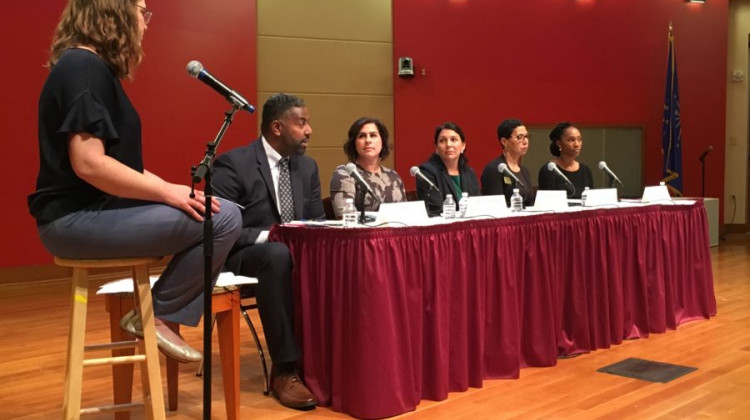 Candidates for the District 3 and District 5 seats on the Indianapolis Public Schools Board debated at a forum hosted Tuesday night by Chalkbeat, the Indianapolis Recorder, WFYI, and the Central Library. - Stephanie Wang/Chalkbeat Indiana