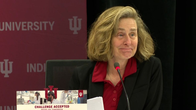 Indiana University president Pamela Whitten speaks at the board of trustees meeting Friday in New Albany.  - George Hale / WTIU