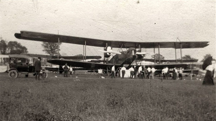 This Handley Page bomber, on display at the Indianapolis Motor Speedway, was used to recruit airplane mechanics. Handley Page was a British builder, and this plane was the first one built in the United States. - Indiana Historical Society