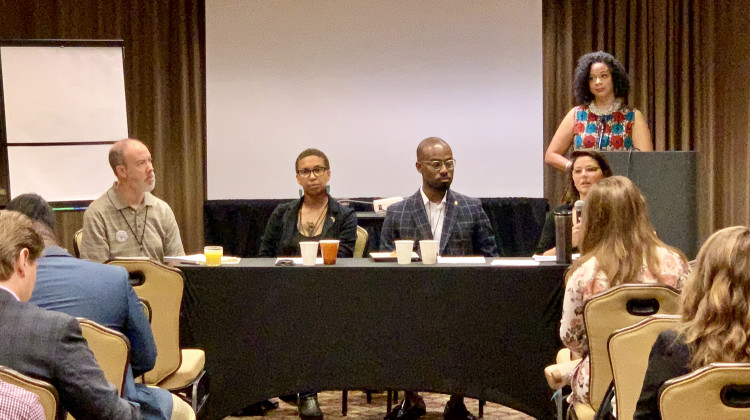 Tatjana Rebelle and Jamal Abdulrasheed, center, talk faith in politics on a panel at the Young Democrats of America national convention in Indianapolis. - Brandon Smith/IPB News
