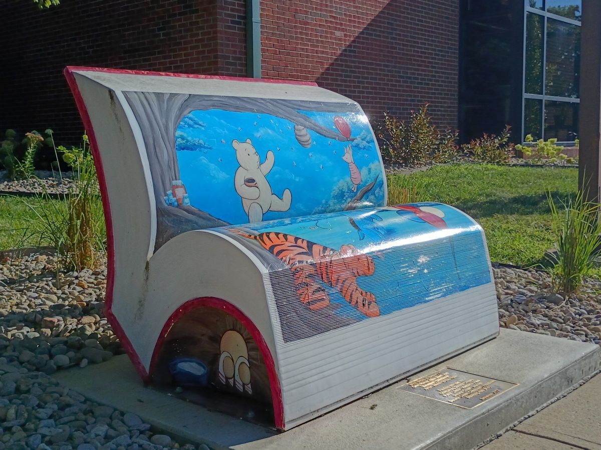  A book bench at the Greensburg Decatur County Public Library.