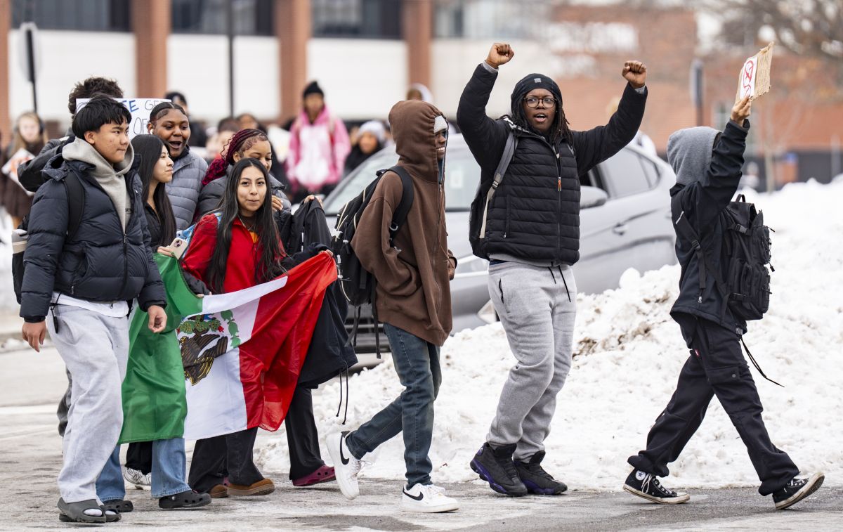 Students from North Central High School protest U.S. Immigration and Customs Enforcement efforts during a walkout on Feb. 2, 2026, at the intersection of East 86th Street and Westfield Boulevard in Indianapolis.