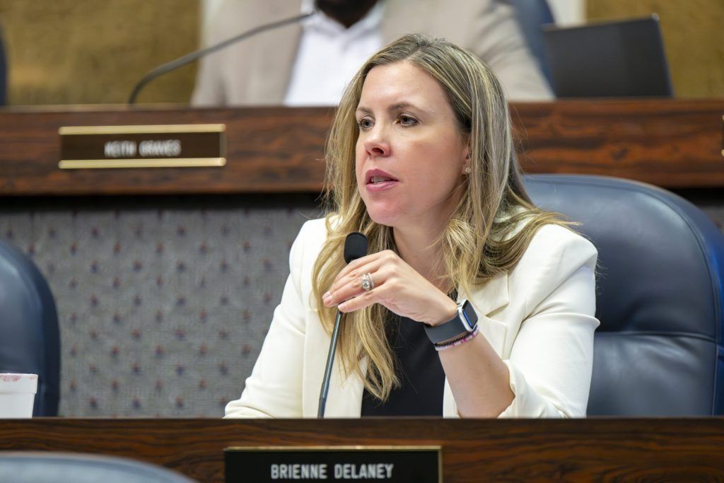 Councilor Brienne Delaney, a northside Democrat, questions Marion County Sheriff Kerry Forestal. The Marion County Sheriff’s Office presented its 2026 budget to the Public Safety and Criminal Justice Committee, September 3, 2025, at the City-County Building.