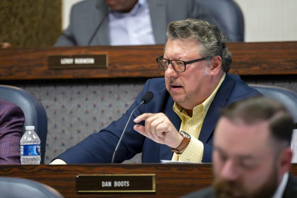 Councilor Dan Boots, a northside Democrat, questions Marion County Sheriff Kerry Forestal. The Marion County Sheriff’s Office presented its 2026 budget to the Public Safety and Criminal Justice Committee, September 3, 2025, at the City-County Building.