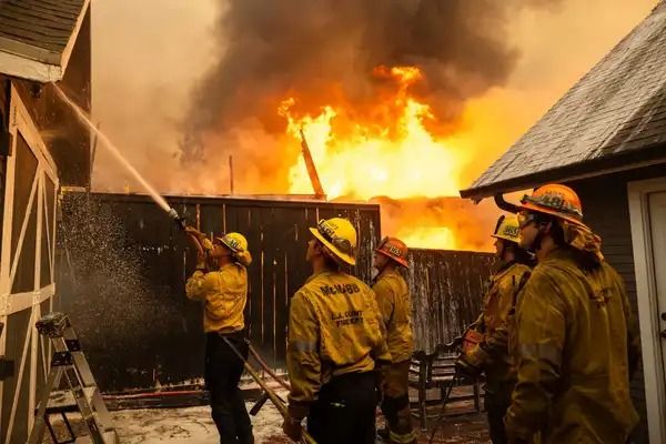 Firefighters spray water onto a burning property in Altadena, California, during the LA wildfires earlier this year. 