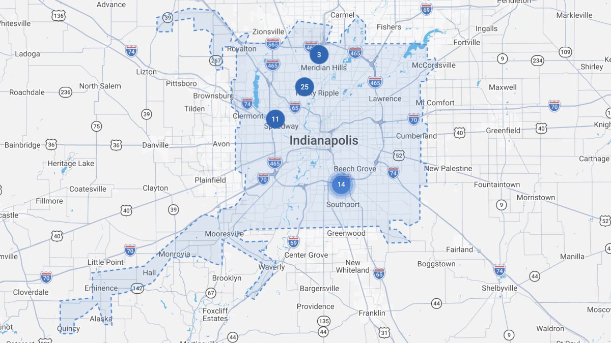 The AES Indiana service area for Central Indiana.