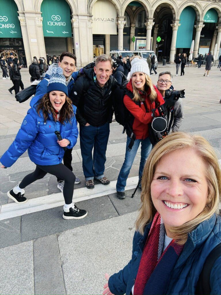 Team TEGNA in Milan: Anne Marie Tiernon (foreground). (L-R): Alicia Lewis, anchor, KUSA (Denver); Corey Miller, Anchor, KSDK (St. Louis);Matt Renoux, journalist, KUSA (Denver); Cheryl Preheim, anchor, WXIA (Atlanta); John Kuhrt, producer, KUSA (Denver).