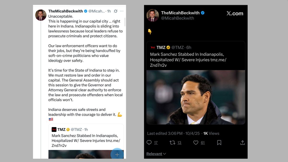Lt. Gov. Micah Beckwith reposted a national news story about Mark Sanches and criticized Indianapolis leaders for