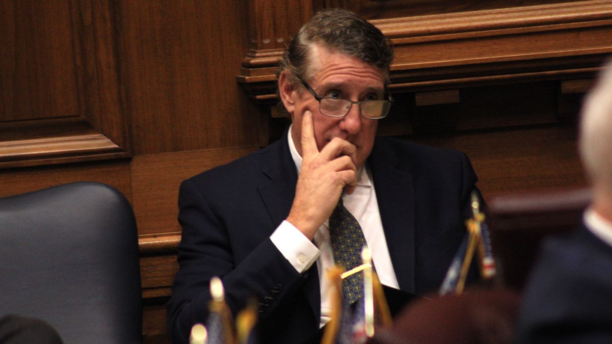 Bill author Rep. Ben Smaltz (R-Auburn) listens to Democrats Thursday as they introduced amendments aimed at stalling the enactment of new congressional maps.