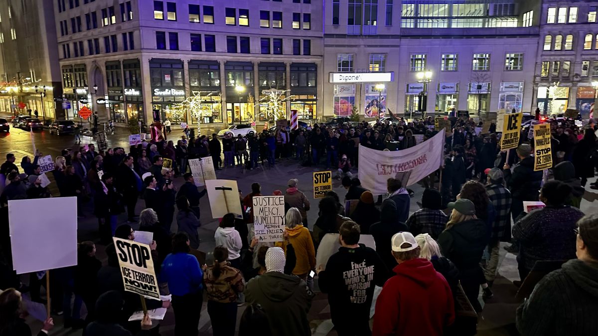 Several hundred people gathered at Monument Circle in Indianapolis to protest ICE on Thursday, Jan. 8, 2026.