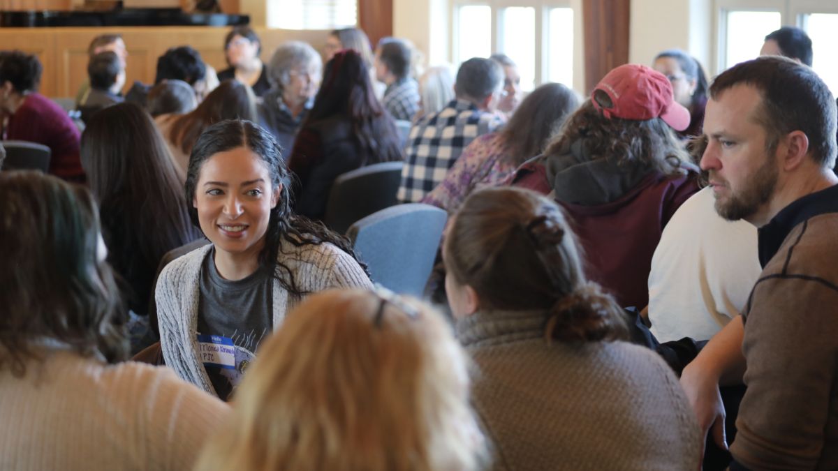Monica Kennedy with the Indianapolis Peace and Justice Center leads a breakout group at the Sunday afternoon event.