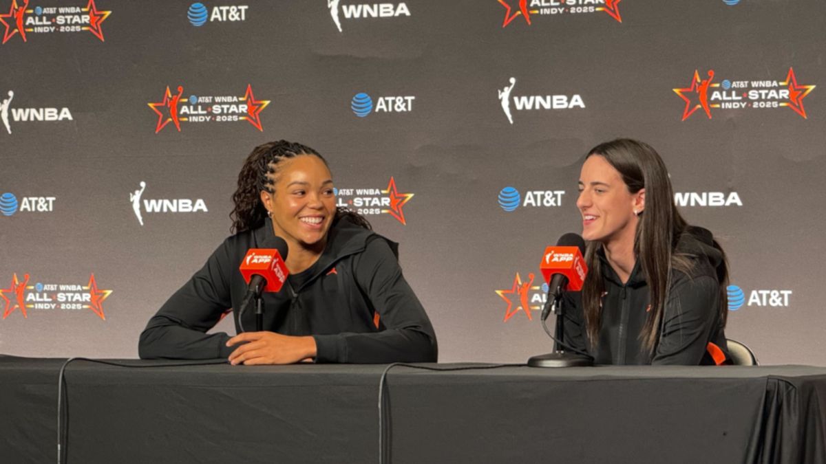 Minnesota Lynx player Napheesa Collier (left) and Indiana Fever player Caitlin Clark (right) speak at a press conference ahead of the All-Star Game on Saturday night.