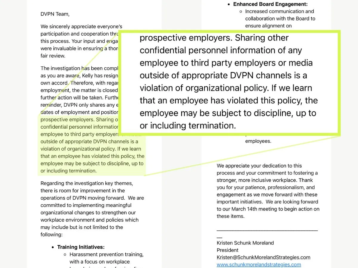 Screenshots of a March 10 email from Kristen Moreland to DVPN staff.