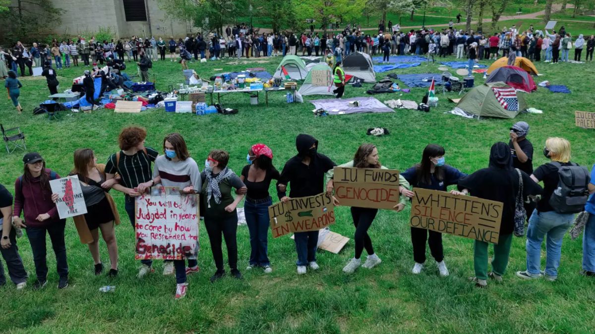 Protesters against the war in Gaza set up camp at Dunn Meadow on the Indiana University Bloomington campus Wednesday, April 24, 2024. 