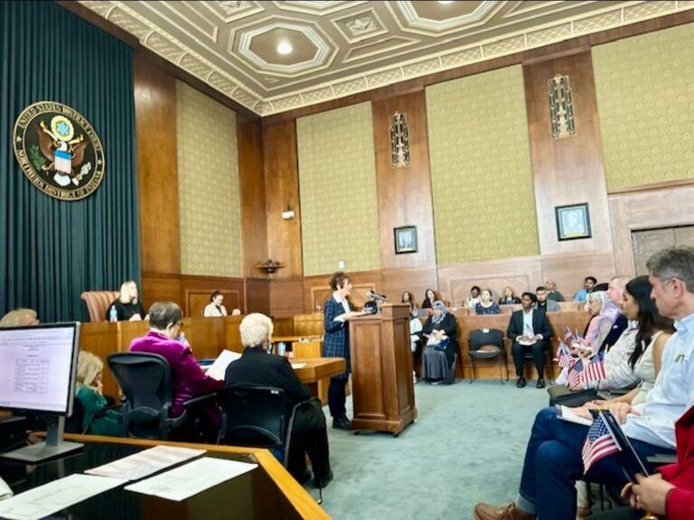 A recent judicial naturalization ceremony in northeast Indiana is pictured underway.