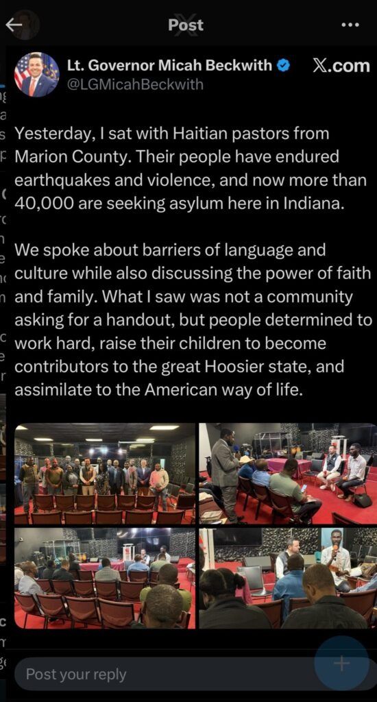 Indiana Lt. Gov. Micah Beckwith posted Friday about meeting with Haitian pastors in Indianapolis.