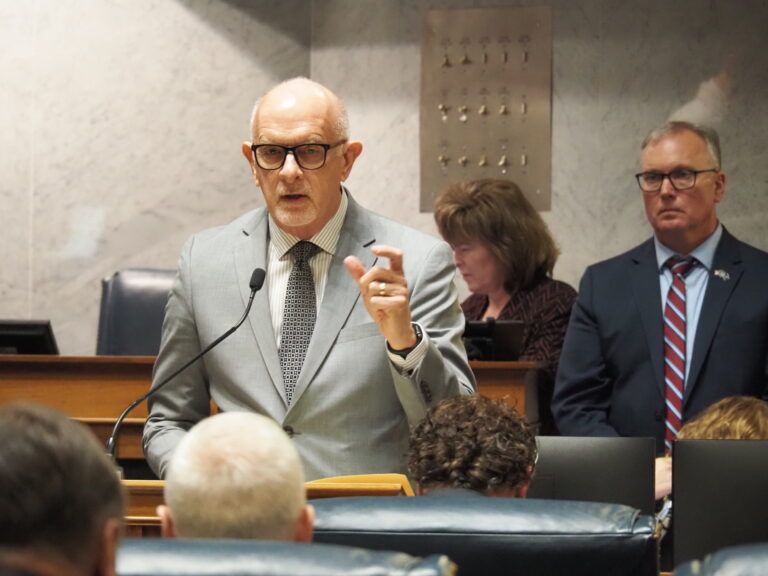 Sen. Travis Holdman, R-Markle, speaks during a Senate session in January 2025.