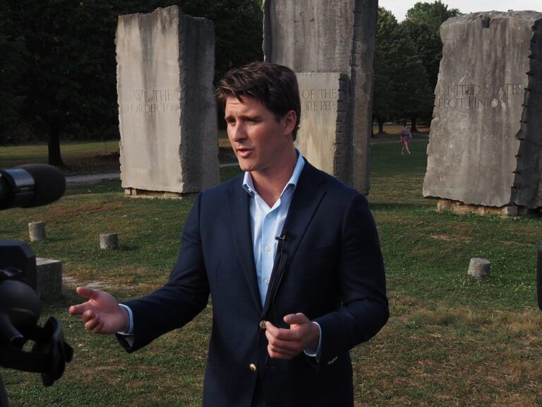 Beau Bayh meets with the media at Holliday Park in Indianapolis on Oct. 6, 2025.