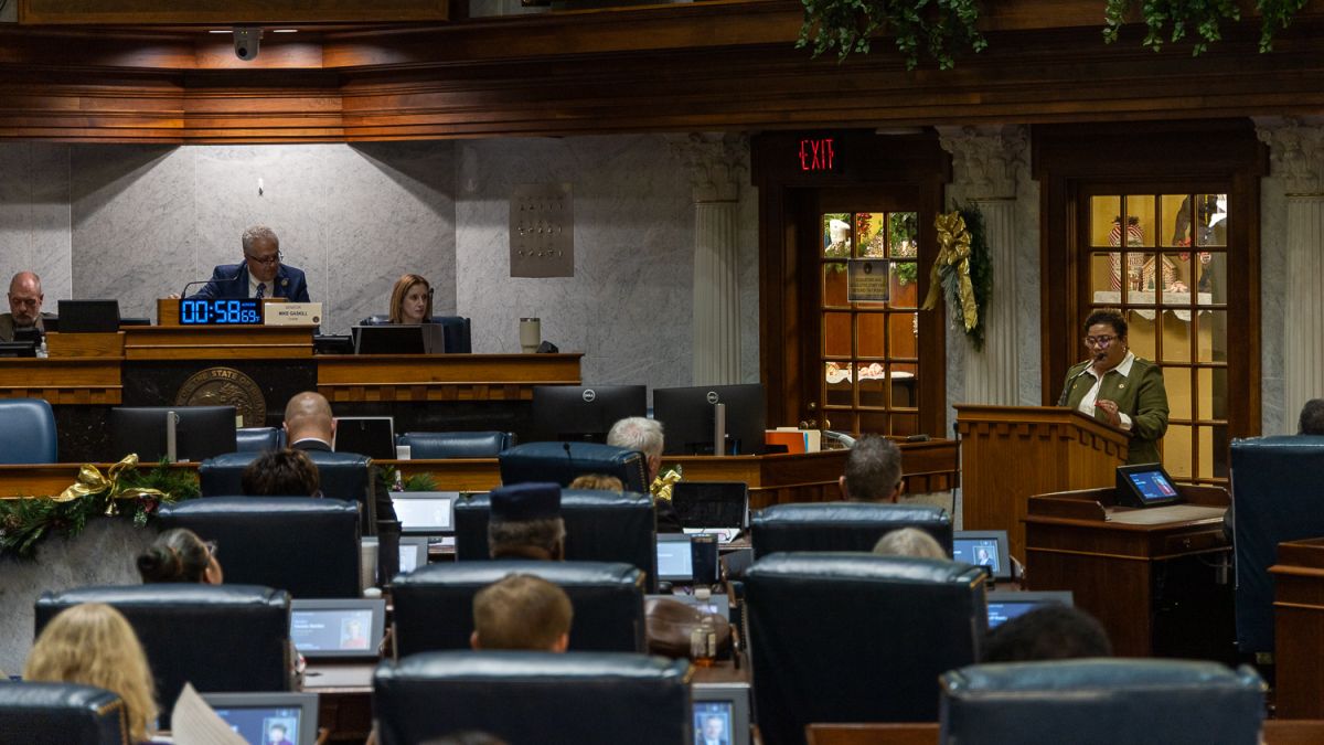Hamilton County resident Lasima Packett, seen here at the podium, spoke against redistricting at the Senate committee hearing on Monday, Dec. 8. Packett said she's worried the change would erode Democracy.