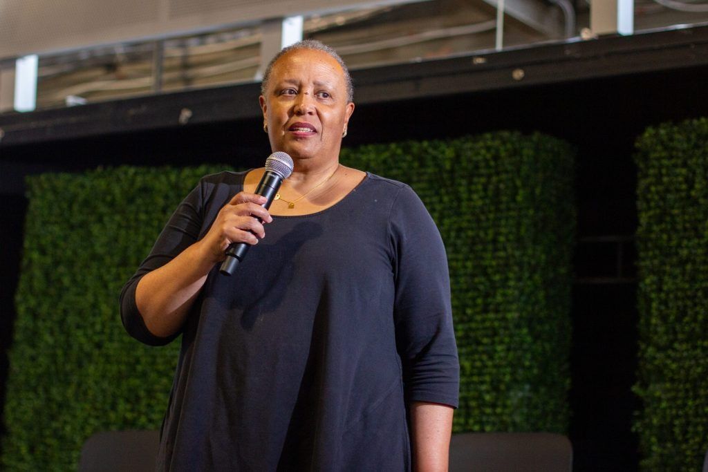 Elizabeth Kennedy of EKLA PLLC speaks during a meeting about the redevelopment of Indiana Avenue on Tuesday, April 16, at the AMP at 16 Tech. 